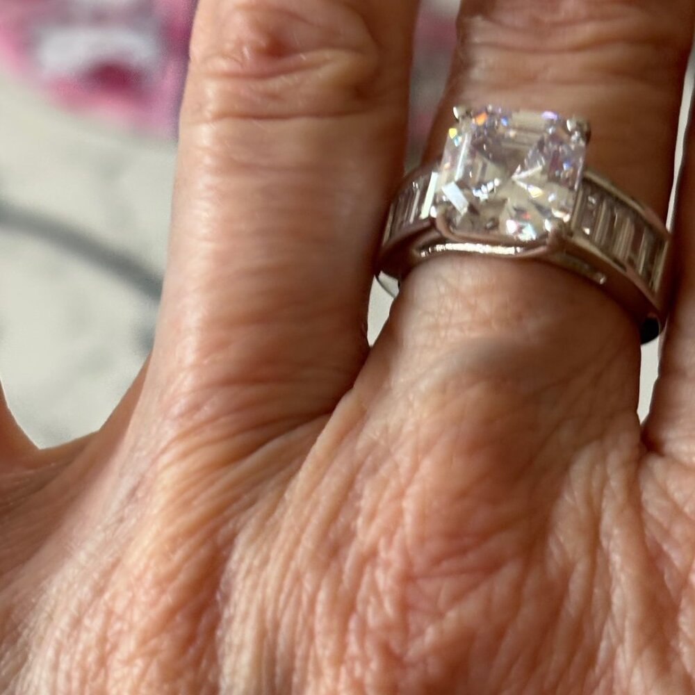 Women's new, white diamond simulant ring, platinum over silver,  10.25 ctw. - Picture 4 of 5